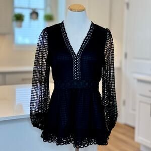 Flying Tomato | Black Lace Peplum Long Sleeve Top